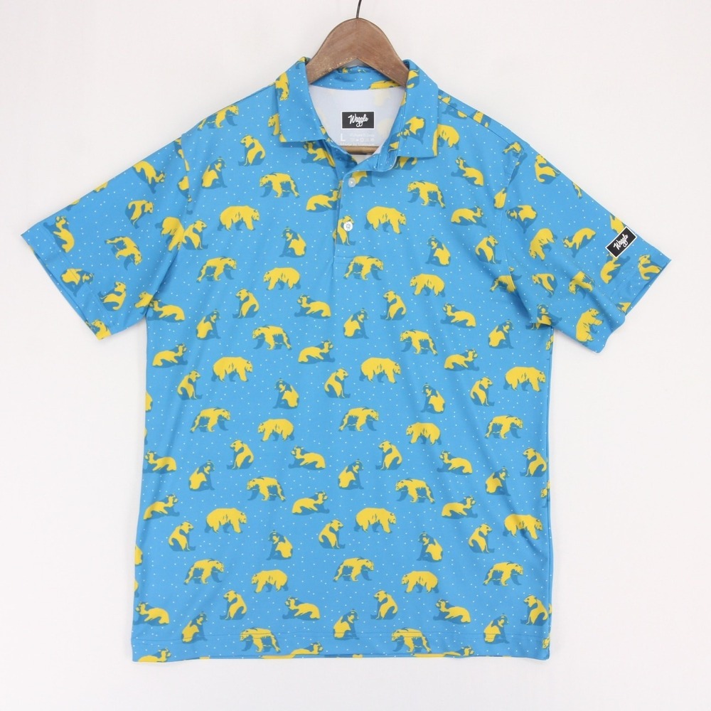 Waggle You're Golden Polo Shirt Mens L Blue Bear Print Golf Performance Stretch